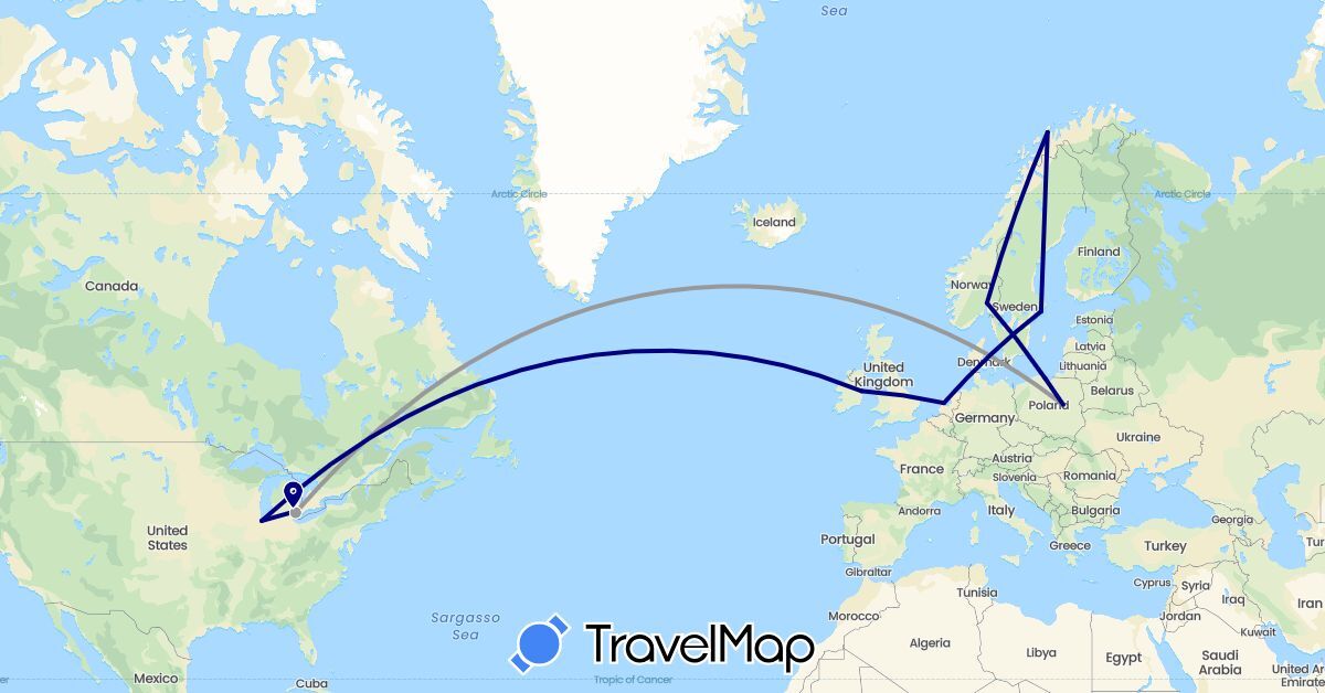 TravelMap itinerary: driving, plane in Ireland, Netherlands, Norway, Poland, Sweden, United States (Europe, North America)